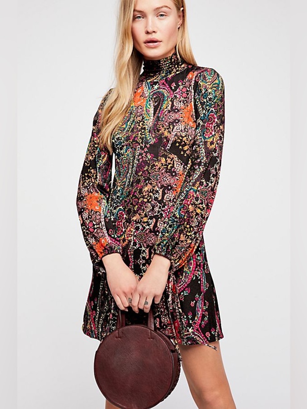 NWT FREE PEOPLE “All Dolled Up” Mini Dress Paisley Long-Sleeve, Size Medium